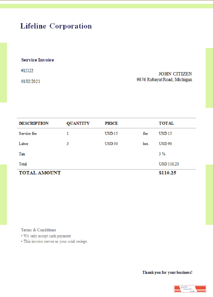 USA Lifeline Corporation invoice template in Word and PDF format, fully editable, version 1